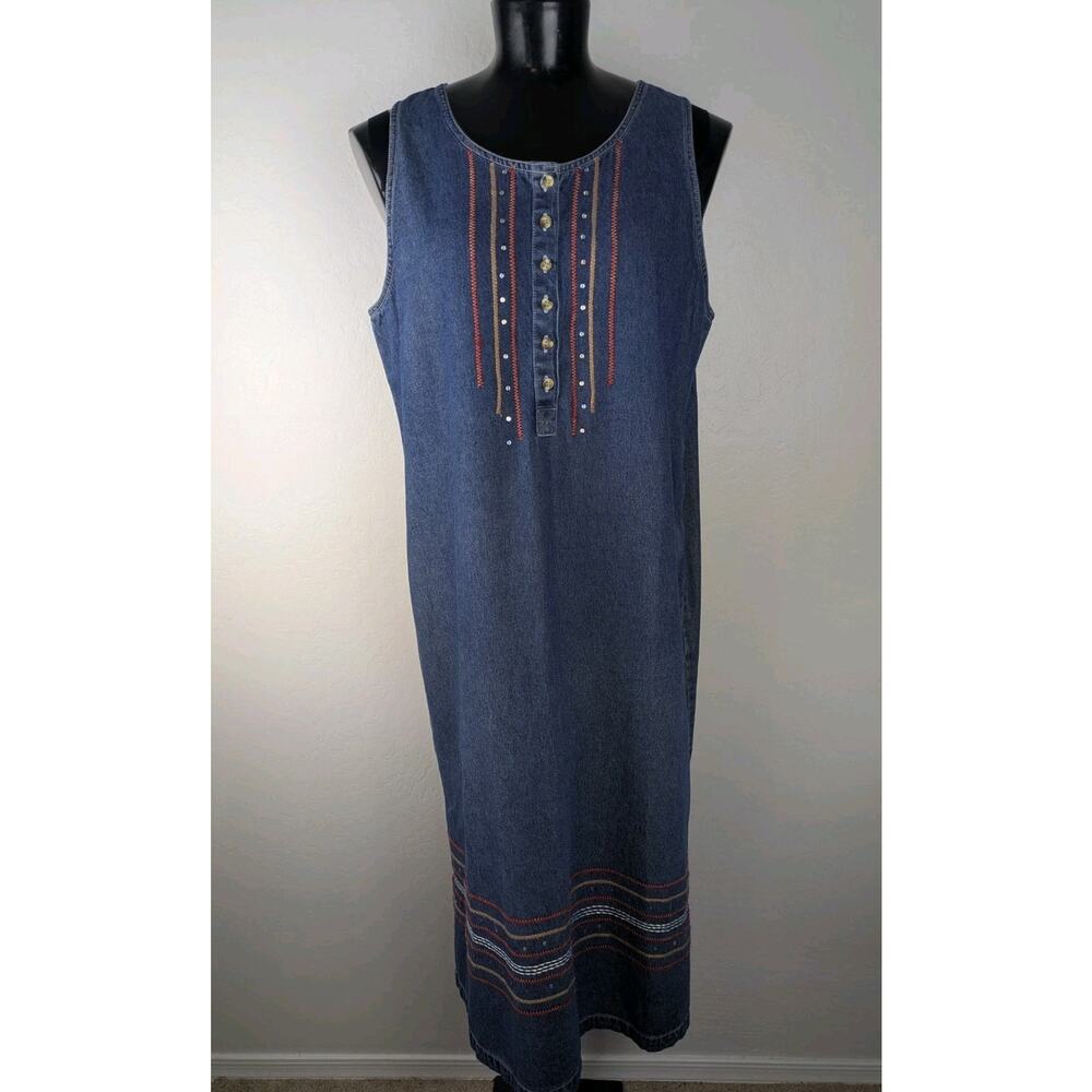 Vintage CST Blues 1X denim sleeveless maxi dress modest red yellow stitching